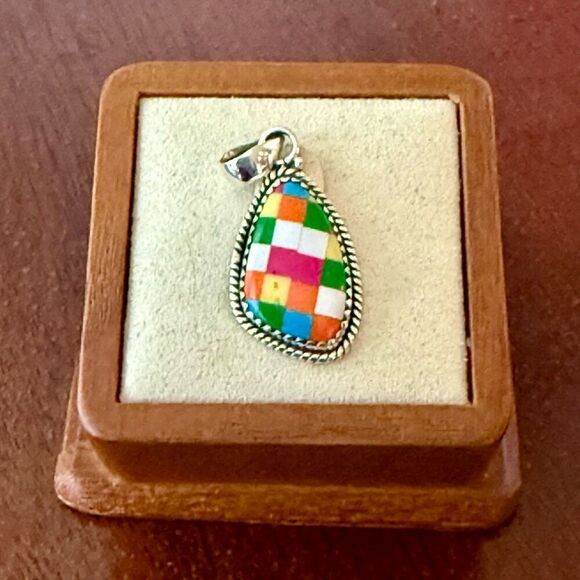 Stunning Aurora Opal Checkerboard Pendant Necklace 925 Sterling Silver Teardrop - Picture 1 of 7